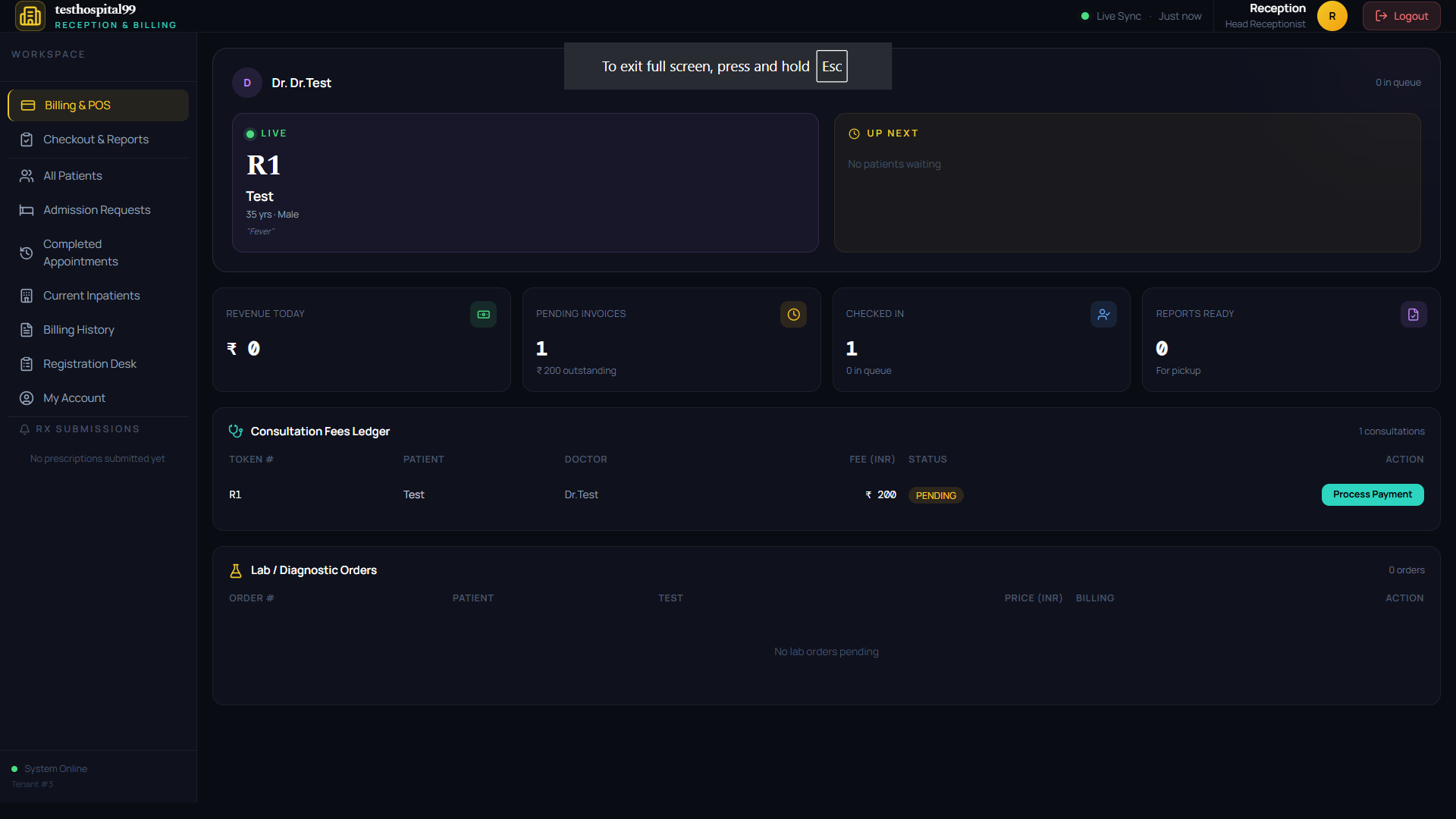 Reception Dashboard — Overview